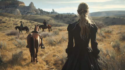 With her trusty horses by her side the Black Dahlia Rancher roams the vast expanse of her land her black dress a stark contrast against the sunbleached terrain. . - obrazy, fototapety, plakaty