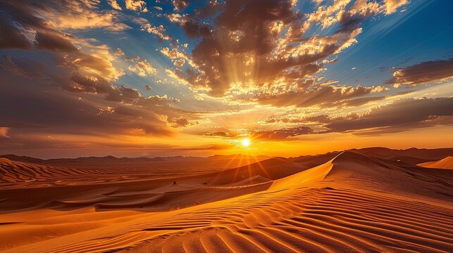 A dramatic sunset over a vast desert landscape, with golden hues painting the sky and sand dunes in silhouette, capturing the raw beauty of arid environments.