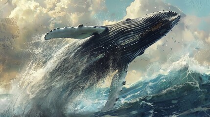 A majestic humpback whale breaching the surface of the water, its massive body soaring into the air before crashing back down with a splash. - obrazy, fototapety, plakaty