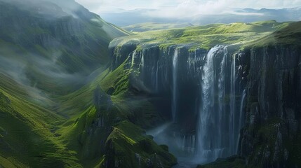 A majestic waterfall cascading down lush green cliffs, showcasing the raw beauty and power of nature's wonders. - obrazy, fototapety, plakaty