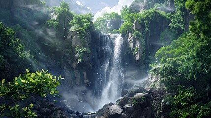 A majestic waterfall cascading down a rocky cliff, surrounded by lush vegetation and framed by dramatic rock formations.
