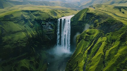 A majestic waterfall cascading down lush green cliffs, showcasing the raw beauty and power of nature's wonders. - obrazy, fototapety, plakaty
