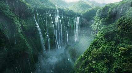 A majestic waterfall cascading down lush green cliffs, showcasing the raw beauty and power of nature's wonders.
