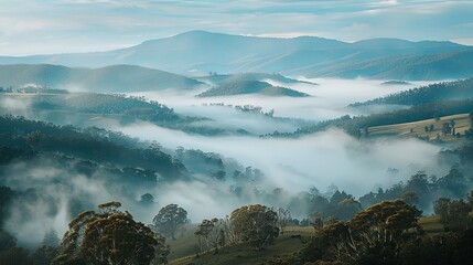 Obraz premium A panoramic view of rolling hills and valleys blanketed in mist, evoking a sense of mystery and awe in nature's grandeur.