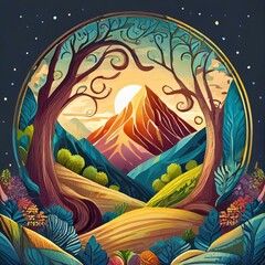 Obraz na płótnie Canvas décor féérique de forêt avec une ouverture vers la montagne en dessin ia