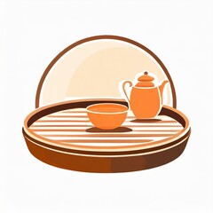 plateau avec une théière et un bol à thé au levé du soleil, dessin en ia