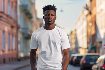 African American man wearing an empty white T-shirt standing on a street mockup, background street