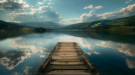 A tranquil lake nestled among rolling hills, with a wooden pier extending into the water and reflections of clouds in the calm surface. - obrazy, fototapety, plakaty