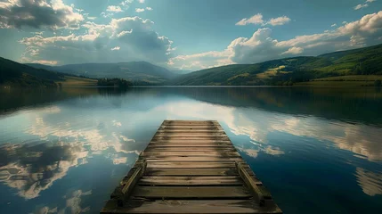 Foto op Canvas A tranquil lake nestled among rolling hills, with a wooden pier extending into the water and reflections of clouds in the calm surface. © chanidapa