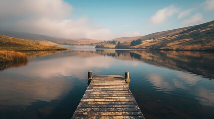 A tranquil lake nestled among rolling hills, with a wooden pier extending into the water and reflections of clouds in the calm surface.