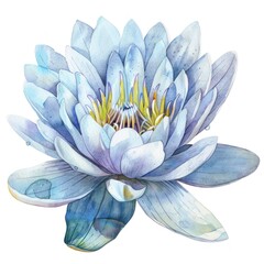 A watercolor painting of a blue water lily with a yellow center. - obrazy, fototapety, plakaty