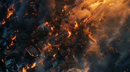Aerial view of a forest fire encroaching on residential areas, with homes and buildings at risk of being consumed by the advancing flames.