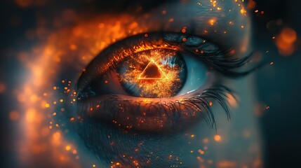 Futuristic Glowing Eye with Holographic Triangle Symbol - obrazy, fototapety, plakaty