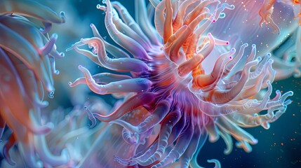 Obraz premium Close-up of a colorful sea anemone waving gently in the current, its delicate tentacles swaying in rhythm with the ebb and flow of the tide.