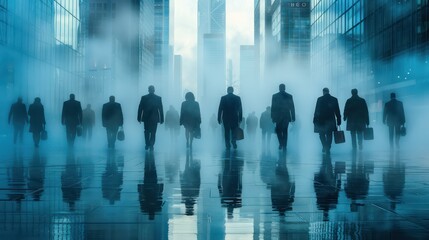 Group of business people with different backgrounds walking to work amidst the smog