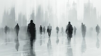 Group of business people with different backgrounds walking to work amidst the smog