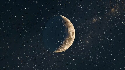 Close-up of a crescent moon shining brightly amidst a backdrop of shimmering stars, illuminating the nocturnal beauty of the sky