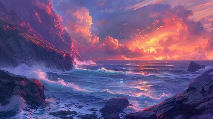 Fototapeta premium Close-up of a dramatic coastal cliff, with waves crashing against rugged rocks and a vibrant sunset painting the sky with hues of orange and pink.