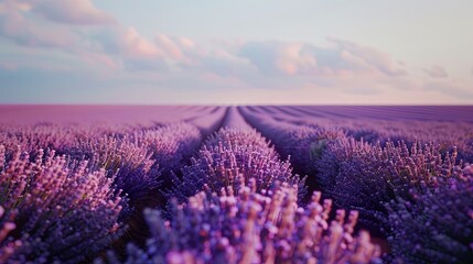 Close-up of a field of lavender in bloom, with rows of fragrant purple flowers stretching to the horizon under a cloudless sky. - obrazy, fototapety, plakaty