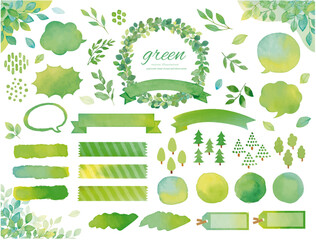 水彩タッチの緑の葉っぱの吹き出しの素材セット