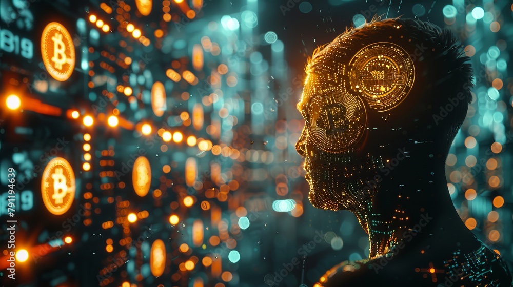 Poster digital representation of a human profile overlaid with glowing bitcoin symbols against a backdrop o