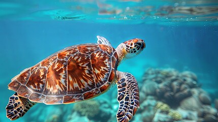 Close-up of a sea turtle swimming gracefully in clear blue waters, its flippers propelling it through the ocean with effortless ease and grace. - obrazy, fototapety, plakaty