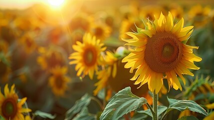 Close-up of a sunflower field bathed in the warm light of the setting sun, with rows of vibrant flowers turning their faces towards the fading light.