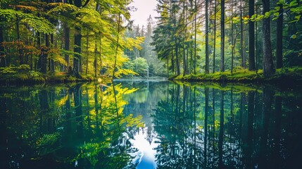 Close-up of a tranquil forest pond surrounded by tall trees and vibrant foliage, with reflections of the lush greenery mirrored in the calm water.