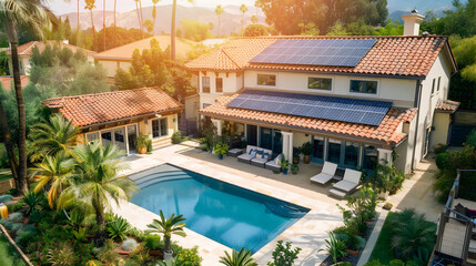 Fototapeta premium Eco-friendly Home with Solar Panels and Pool in Mediterranean-style Garden