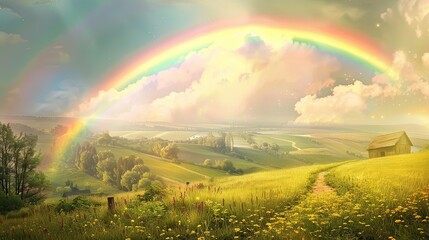 Obraz premium Close-up of a vibrant rainbow arching over a rural countryside, adding a splash of color to the pastoral scene below.