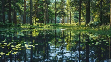 Close-up of a tranquil forest pond surrounded by tall trees and vibrant foliage, with reflections of the lush greenery mirrored in the calm water.