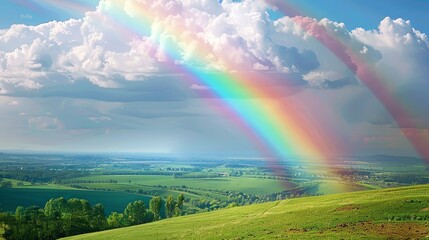 Close-up of a vibrant rainbow arching over a rural countryside, adding a splash of color to the pastoral scene below. - obrazy, fototapety, plakaty