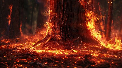 Close-up of flames licking at the base of a tree trunk, with orange and red hues illuminating the surrounding forest in a menacing display of fire's power. - obrazy, fototapety, plakaty