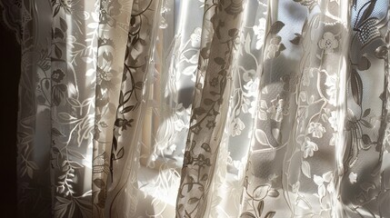 Close-up of shadows cast by delicate lace curtains, adding a touch of elegance and sophistication to an interior space.