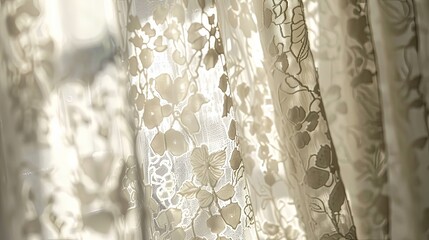 Close-up of shadows cast by delicate lace curtains, adding a touch of elegance and sophistication to an interior space.