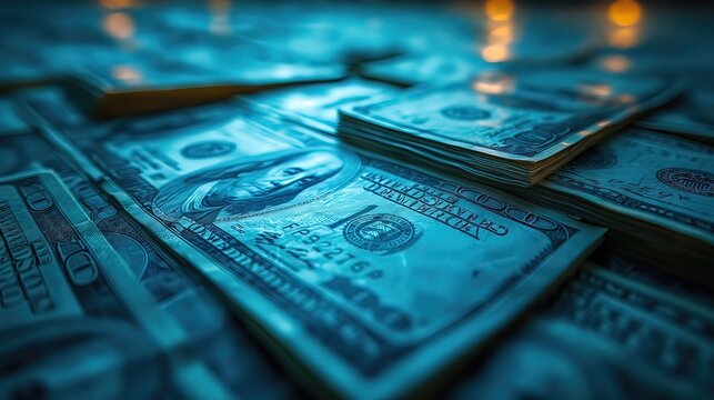 Glowing Currency: Blue-Tinted Image of U.S. Dollar Bills
