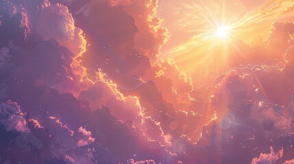 Close-up of the sun partially hidden behind clouds, painting the sky with streaks of pink and gold as it prepares to set for the night. - obrazy, fototapety, plakaty