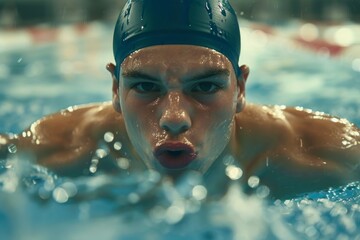 Focused swimmer taking a breath between strokes in a  pool
