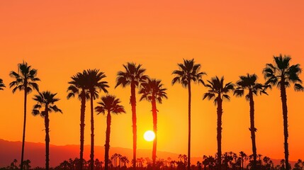 Silhouette of palm trees against a vibrant orange sky as the sun dips below the horizon, signaling the transition from day to night.