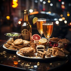 Group of snacks on a table in a restaurant with glasses of wine