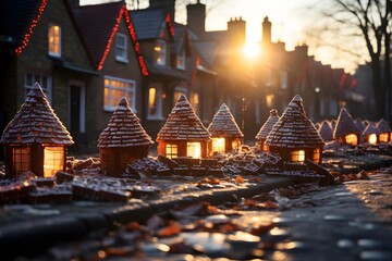 Little houses on the street in the city at sunset. Christmas decoration.