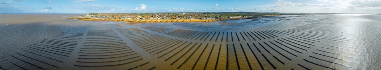 Aerial view of oyster farms in Whitstable, a town  on the north coast of Kent in Britain