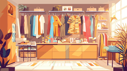 Colorful drawings of clothing boutique interior wit
