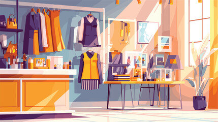 Colorful drawings of clothing boutique interior wit
