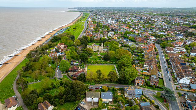 Aerial view of Whitstable castle, a town  on the north coast of Kent in Britain