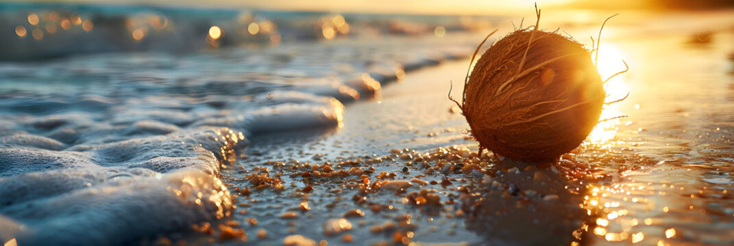 A close-up image of a coconut on the beach at sunset, conveying a sense of tropical relaxation and vacation.