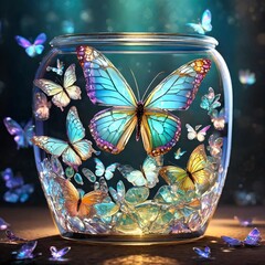 A stunning 3D render of a glass container filled with delicate, transparent crystal butterflies.