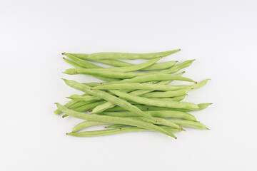 Green beans on white background. Healthy vegetarian food Natural products. Fresh harvest bean organic meal