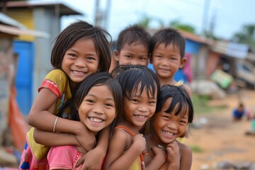 Asian children,  they are happy and smile,  in their village,  in UDONTHANI province THAILAND.