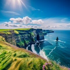 Famous cliffs of Moher at sunset in Co. Clare Ireland Europe. Beautiful landscape as natural attraction. - obrazy, fototapety, plakaty